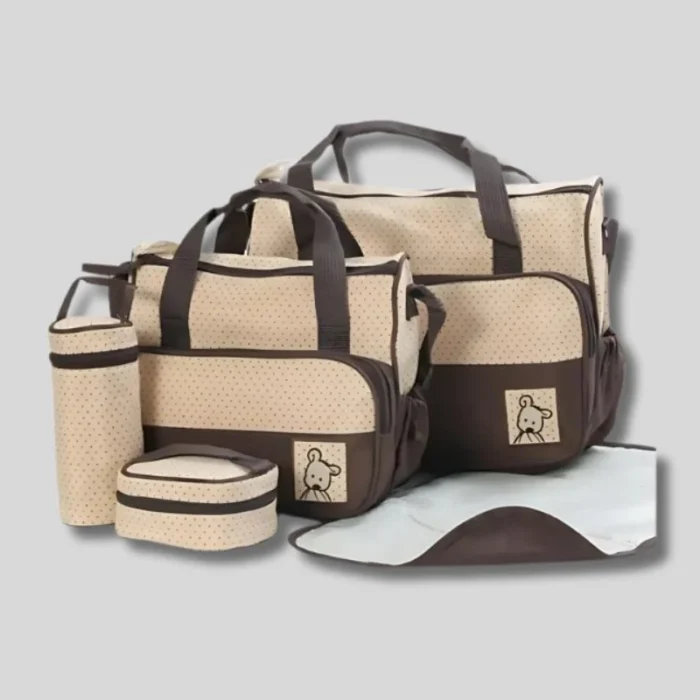 5 Pcs Brown Baby Diaper & Mother Bag Set – Durable Nappy Bags